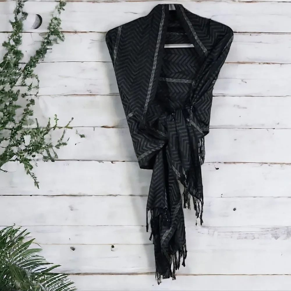 PASHMIRE Scarf Shawl 68" Long Black Chevron Silver Metallic Tassels lightweight